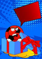 Soccer ball in a gift box. Traditional football ball as a cartoon character with face.