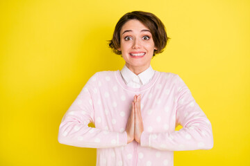 Photo of young attractive excited girl expect wait hands together wish present isolated over yellow...