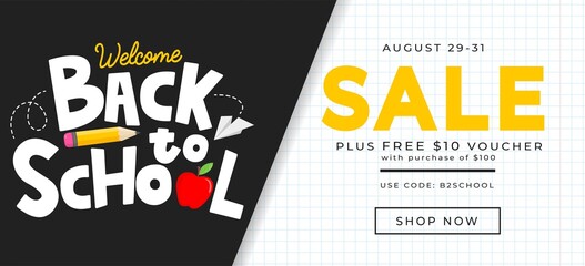 Back to school sale banner design template. Welcome back to school background. Flat style vector illustration for retail marketing promotion. Trendy school shopping concept with lettering.