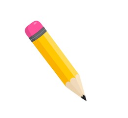Flat style sharpened yellow pencil icon with a pink rubber band isolated on white background. Cartoon wooden pencil with rubber eraser vector illustration. Education, creativity, school design symbol
