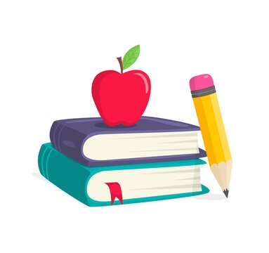 School and education supplies composition. Cartoon books, apple and pencil isolated on white background. Back to school design. Education concept for poster, banner, card, icon. Vector illustration