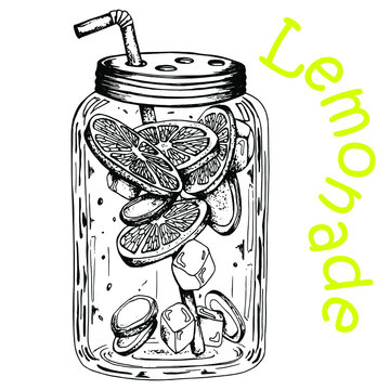 Glass jar with lemon, ginger slices, mint leaves, ice and straw. Black and white drawing. Hand drawing. Isolated on a white background. Doodle. Engraving.