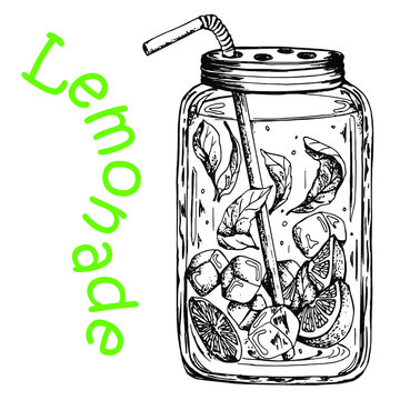 Glass jar with lemon, mint leaves, ice and straw. Black and white drawing. Hand drawing. Isolated on a white background. Doodle. Engraving.
