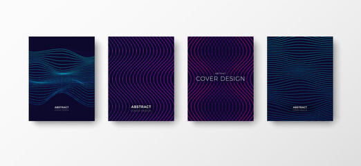 Set of dark blue abstract cover designs with glowing wavy lines.