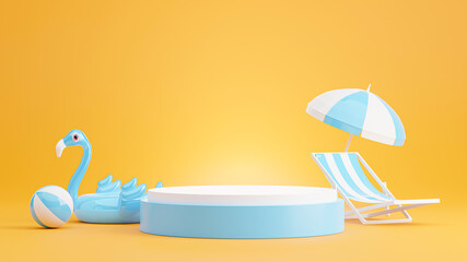 blue podium with summer beach,umbrella beach,chair beach,beach ball concept for product display