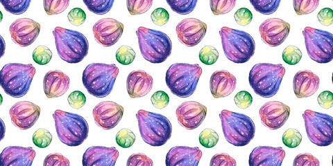 Seamless pattern of watercolor figs on the white background. Hand drawn bright backdrop texture, images of berry, fruit in sketch style. For invitations, scrapbooking, food design