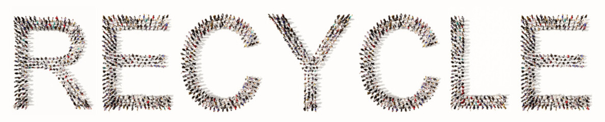 Concept conceptual large community of people forming the RECCYCLE word. 3d illustration metaphor for ecology, environment, conservation, eco friendly, renewable resources  and alternative energy