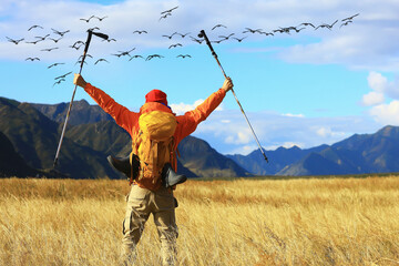 person flying birds freedom mountains, winner vacation concept, nature outdoor landscape