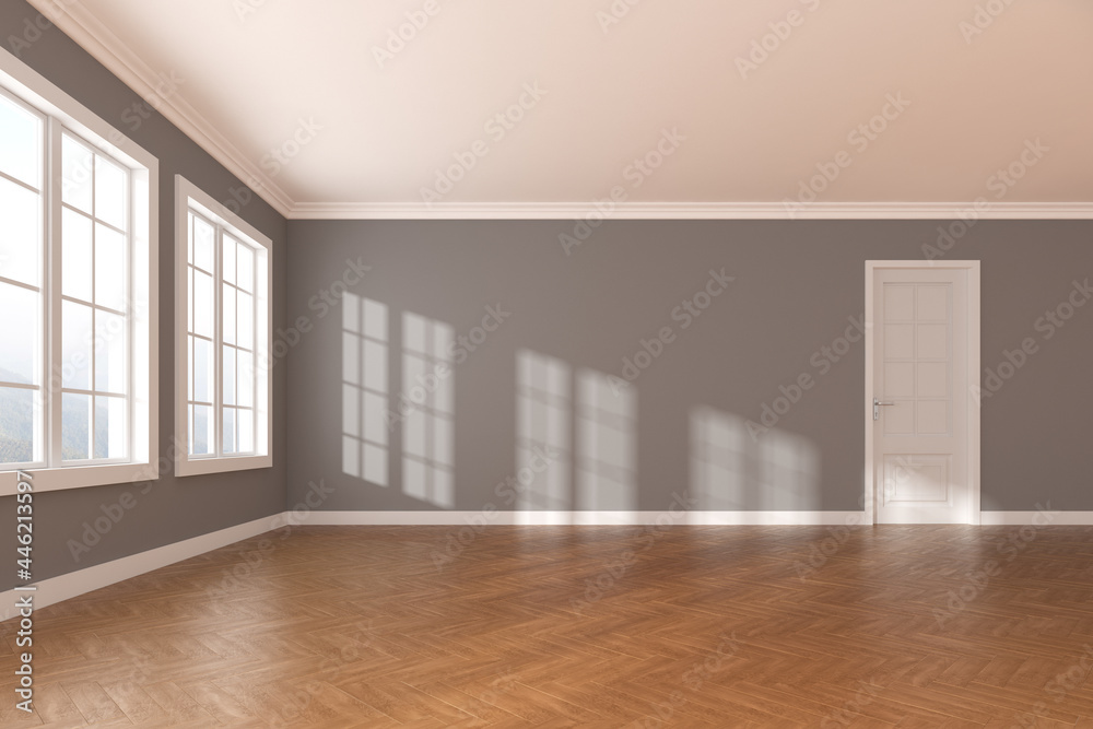Poster 3d rendering of empty room with dark wooden floor and sun light cast the window shadow on the wall.