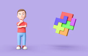 Young 3D Cartoon Character and Blocks Combined on Purple Background