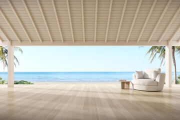 3d rendering of wooden terrace with fabric couch on sea background. Summer vacation, Relaxation.
