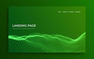 Abstract landing page background with green particles. Flow wave with dot landscape. Digital data structure. Future mesh or sound grid. Pattern point visualization. Technology vector illustration.