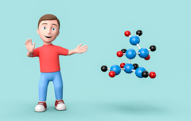Young 3D Cartoon Character and Molecule on Blue Background