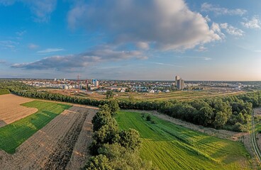 Drone image of German city Langen in southern Hesse during sunset - obrazy, fototapety, plakaty