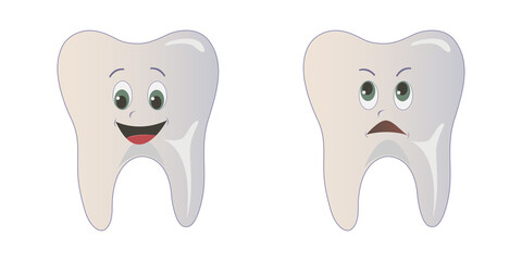 A set of teeth, a funny and sad tooth. Illustration isolated on white background.