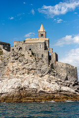 Medieval church of San Pietro (St. Peter consecrated in 1198) in Portovenere or Porto Venere, UNESCO world heritage site. La Spezia, Liguria, Italy, Europe.