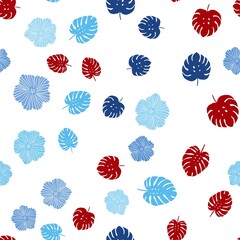 Light Blue, Red vector seamless doodle backdrop with flowers, leaves.