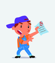 cartoon character of little boy on jeans arguing effusively with exam in hand