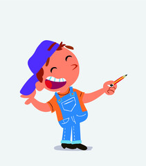 cartoon character of little boy on jeans is happy while pointing to the side with a pencil.