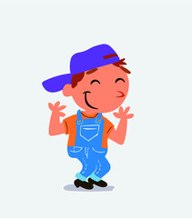 cartoon character of little boy on jeans shrinks somewhat shy.