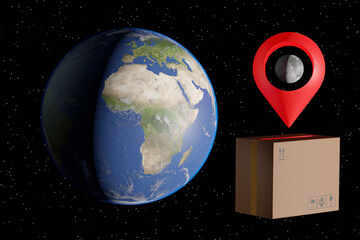 Global cargo delivery concept, Earth, Moon, shipping box and geotag. Earth from the side of Europe and Africa against the background of the stars. Used images from NASA. 3d rendering
