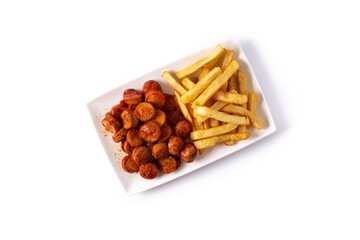traditional German currywurst isolated on white background. typical oktoberfest food	