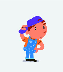 funny cartoon character of little boy on jeans doubting