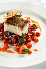 Black cod with vegetables, an appetizing piece of grilled black cod garnished with stewed vegetables on a white plate