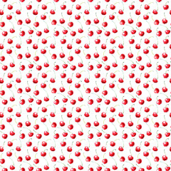 Seamless pattern of watercolor single Cherries on the white background. Hand drawn bright texture, images of berry in sketch style