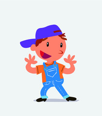 Pleasantly surprised cartoon character of little boy on jeans