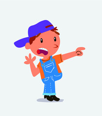  Surprised cartoon character of little boy on jeans pointing at something
