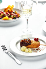 chicken balls with mashed potatoes. Beautifully decorated catering banquet table. White backgraund