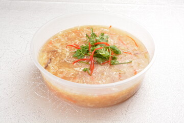 braised chinese fish maw thick shark's fin hot soup in party bento tray box for asian take away halal menu