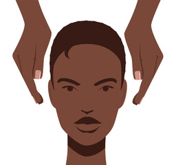 Reiki healing vector flat design illustration. palm healing scene. Hands surround woman's head.