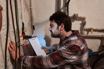Handyman checks cables and pipes in the basement