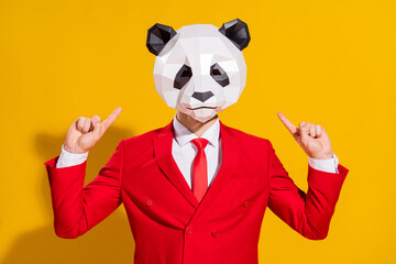 Photo of promoter freak guy indicate finger head wear panda mask red suit isolated on yellow color...