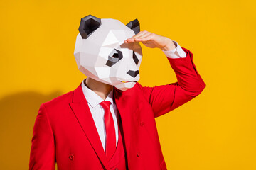 Photo of interested funky guy look empty space wear panda mask red tux isolated on yellow color...