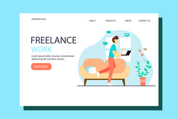 Landing page template. Man working with laptop from home. 
 illustration in flat design style.