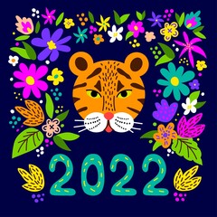 Bright vector illustration for holiday design of greeting cards, invitations. Tiger symbol of the New 2022, colorful flowers, leaves.