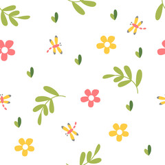Cute background with flowers, leaves and dragonflies. Perfect for wallpapers, paper, greeting cards, invitations. seamless pattern. 