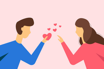 Young guy hands a valentine card to his girlfriend. Cute illustration in flat style.