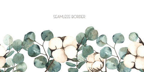 Watercolor autumn seamless border with cotton flowers and leaves of eucalyptus