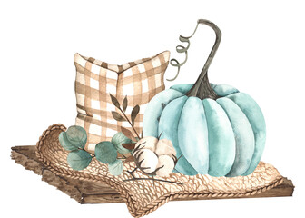 Watercolor autumn composition with colored pumpkins, leaves, branches, berries, cozy autumn elements.