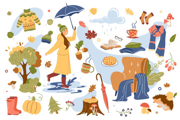 Autumn concept isolated elements set. Collection of woman in raincoat under umbrella, fall forest, acorns, mushrooms, berries, warm clothes and other. Vector illustration in flat cartoon design