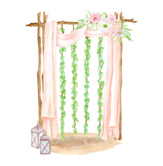 Watercolor wood wedding arch with hanging ivy leaves garlands, flowers, lanterns and pastel curtains. Hand drawn wood archway isolated on white. Boho wedding decoration, rustic decor for invitation