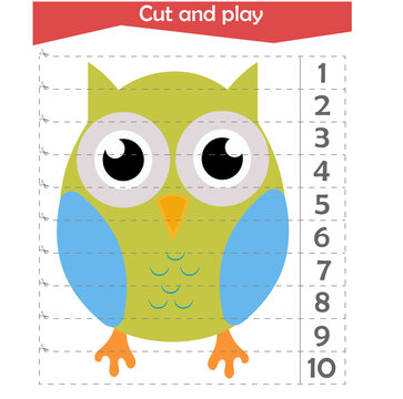  Math puzzle for children. We cut and play. We count to 10. Owl