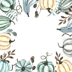 Watercolor autumn frame with colored pumpkins, leaves, branches, berries