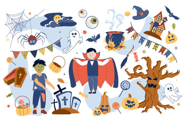 Halloween concept isolated elements set. Collection of children in zombie and vampire costumes, tree, pumpkins, cemetery, sweets basket , ghosts and other. Vector illustration in flat cartoon design