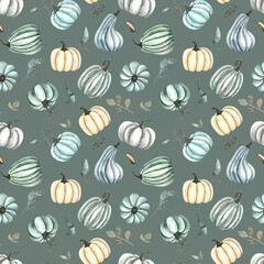 Watercolor autumn seamless pattern with colored pumpkins, leaves, branches, berries, cozy autumn elements.