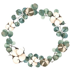 Watercolor autumn wreath with cotton flowers and leaves of eucalyptus